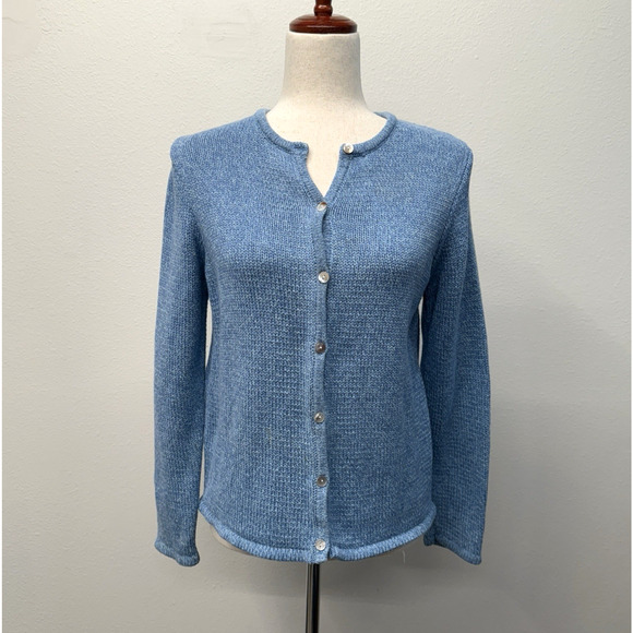 L.L. Bean Cotton Cardigan Sweater Womens Size M Marled Blue Coastal Grandma - Picture 1 of 7